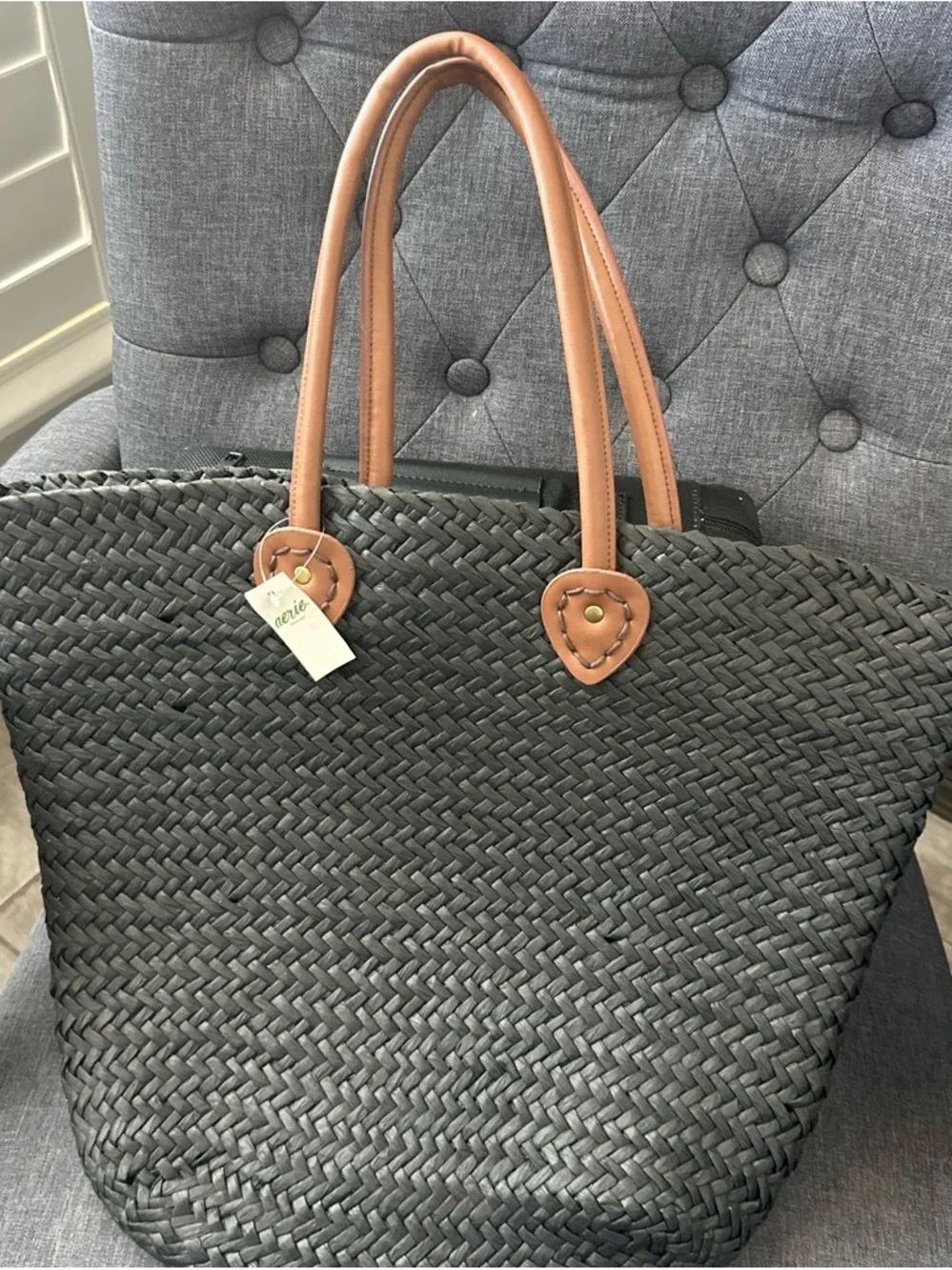 aerie Black Woven Tote with Tan Handles